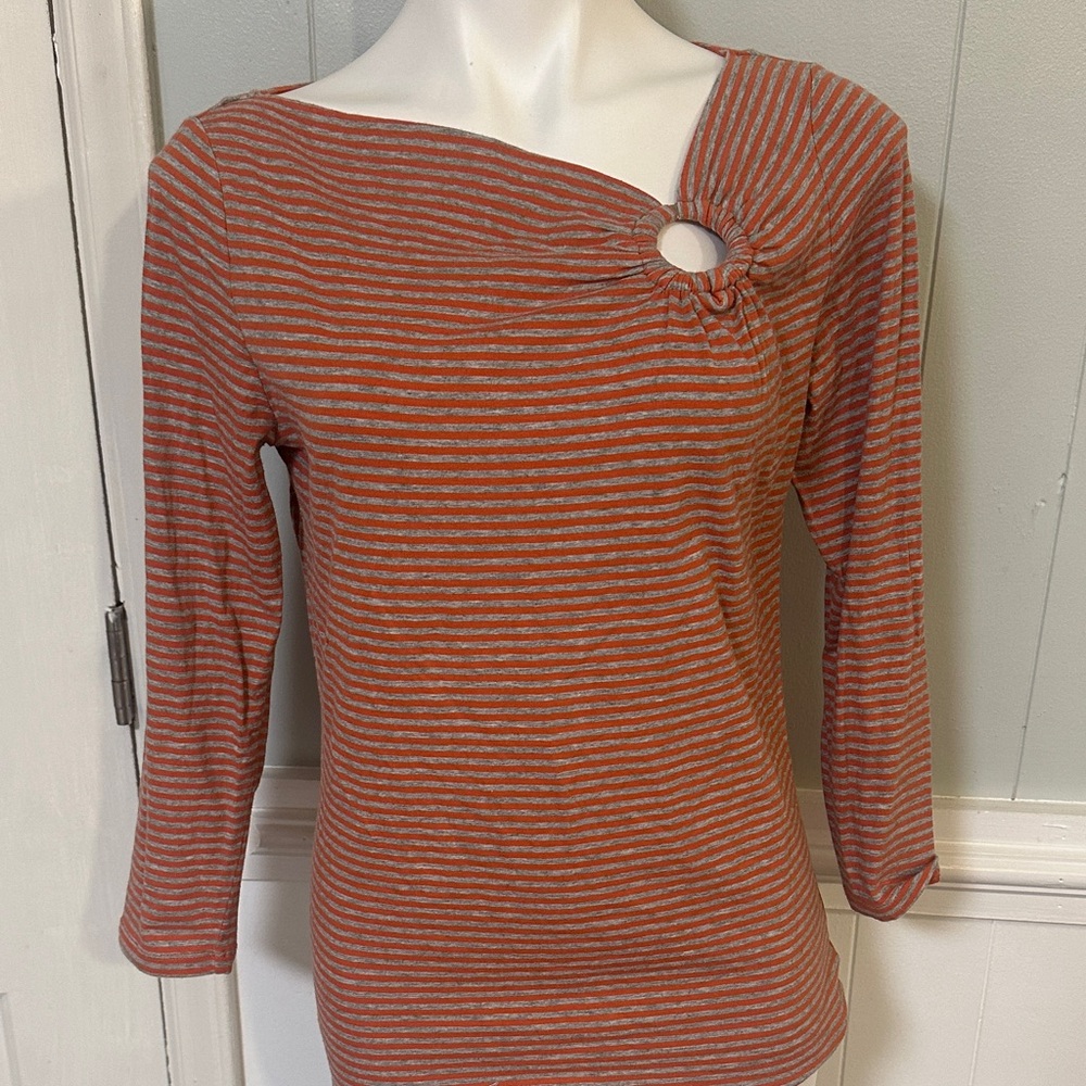 Michael Kors Rust and Heather Gray Striped Long Sleeve Tee with Ring Detail